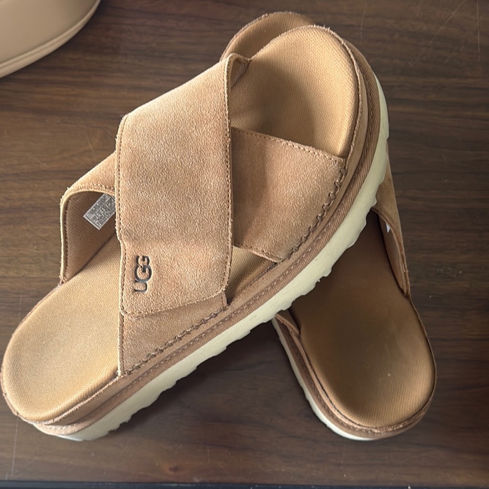 UGG Brown Suede Cross Strap Slides